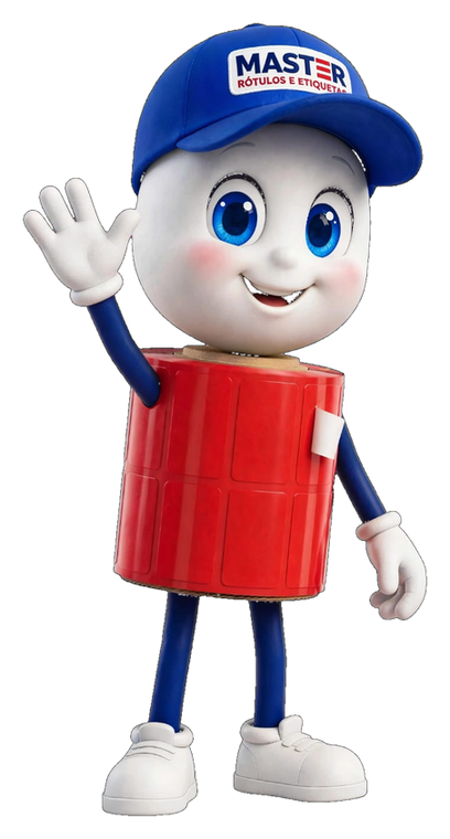 Etiquetinha, mascote da Master, acenando